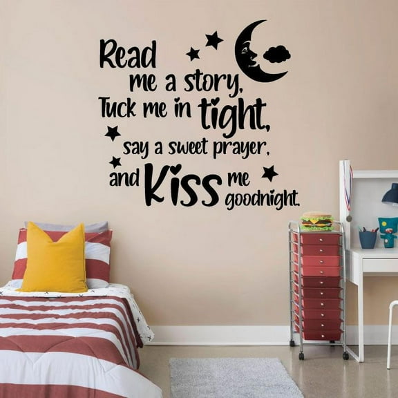 Read Me A Story Tuck Me In Tight Say A Sweet Prayer And Kiss Me Goodnight Bedroom Sleep Quote Vinyl Wall Decal Wall Art Sticker Room Decoration Design Home Room Bedroom Nursery Room Size (10x10 inch)