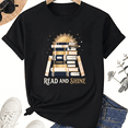 thumbnail image 1 of Read and Shine Teacher T-Shirt for Women, 100% Cotton Crew Neck Short Sleeve Shirt, Stacked Books Reading Graphic, 1 of 7