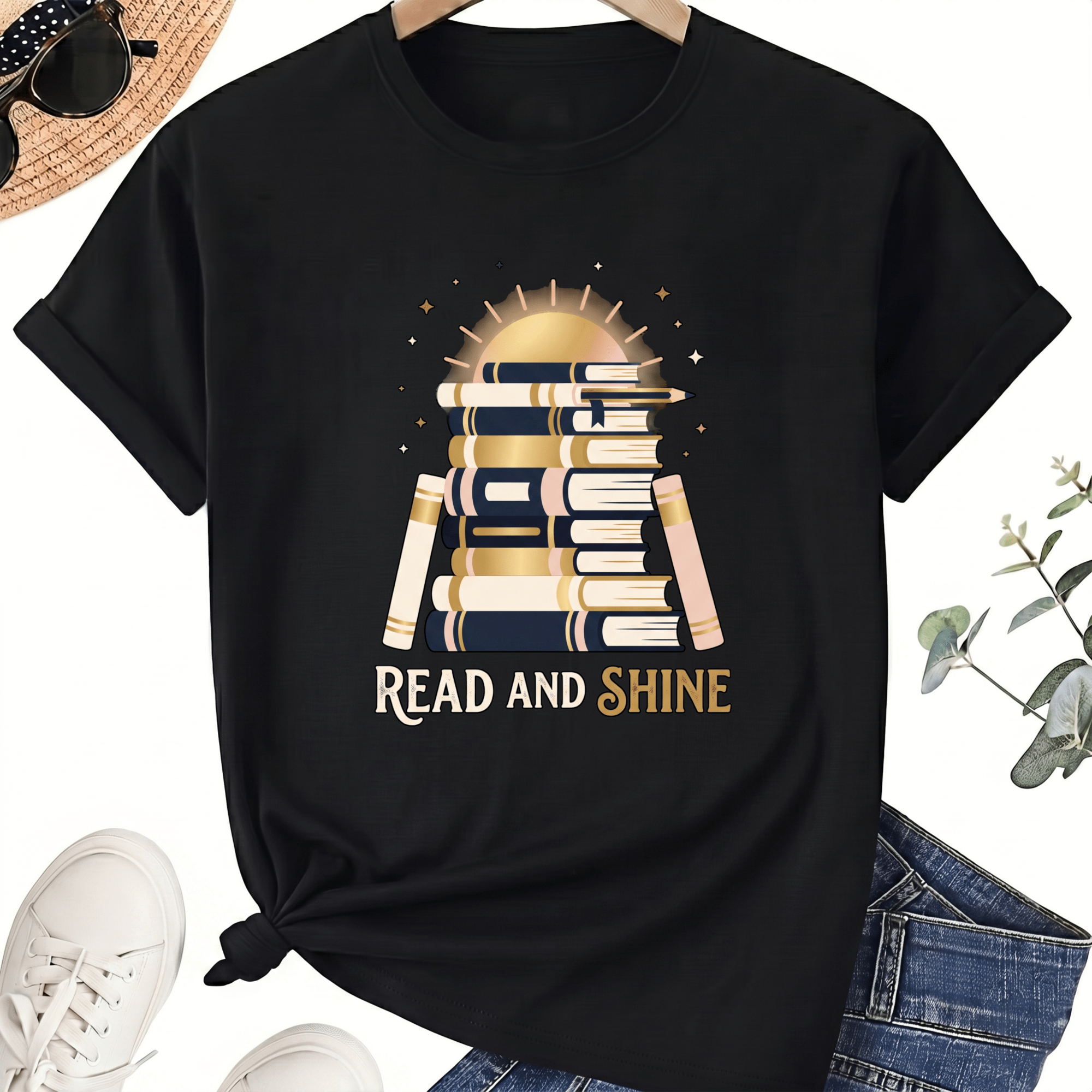 Read and Shine Teacher T-Shirt for Women, 100% Cotton Crew Neck Short Sleeve Shirt, Stacked Books Reading Graphic