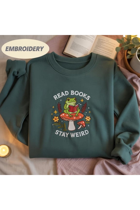 Read books stay weird tee, embroidered mushroom frog shirt, bookish cottagecore shirt, cozy reader gift, frogcore tee,embroidered frog shirt