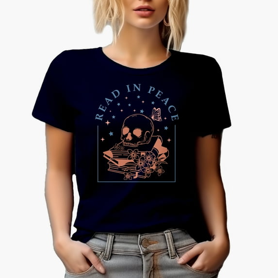 Read in Peace with a Skull & Books Art Merch Gift, Navy Blue T-Shirt, XL