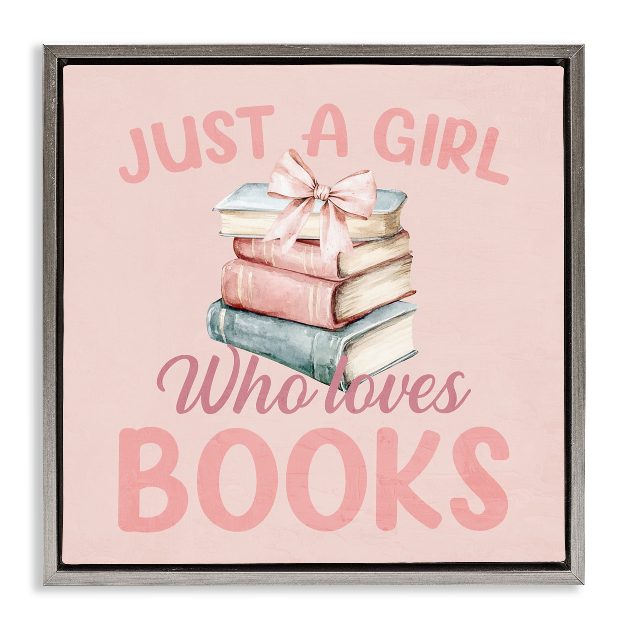 Reader Girl Who Loves Books Gray Framed Floater Canvas Wall Art, design by Kim Allen