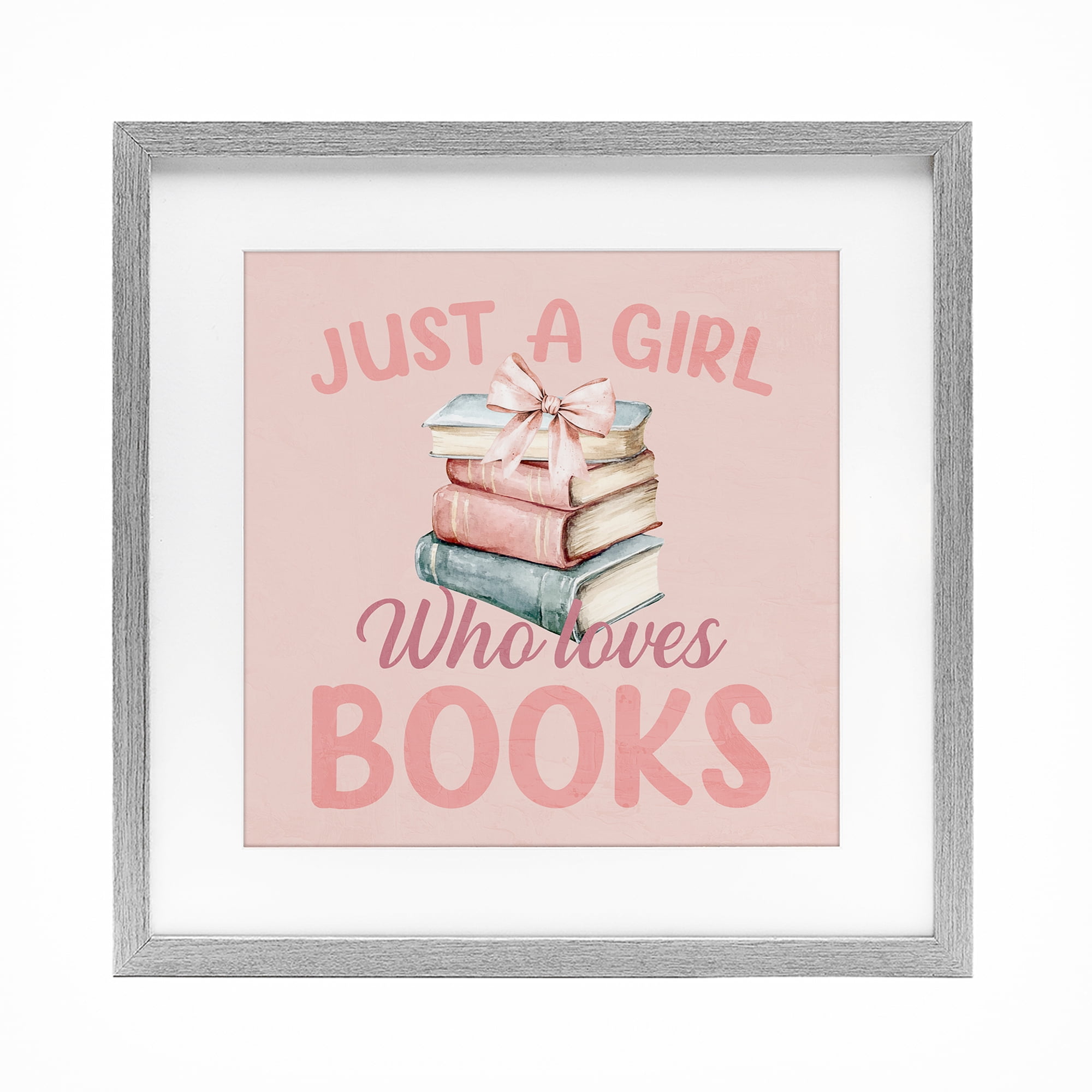 Reader Girl Who Loves Books Gray Framed Print Under Glass, design by Kim Allen