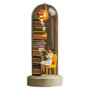 Reader Night Light, LED Resin Stained Stacked Books Lamp, 3D Miniature Book Lamp with Eye-Caring Warm Light, Glass Dome Book Nook Lamp for Home/Office/Library, Gift for Book Lovers