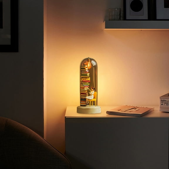 Reader Night Light, LED Resin Stained Stacked Books Lamp, 3D Miniature Book Lamp with Eye-Caring Warm Light, Glass Dome Book Nook Lamp for Home/Office/Library, Gift for Book Lovers