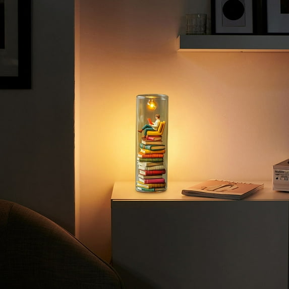 Reader Night Light, LED Resin Stained Stacked Books Lamp, 3D Miniature Book Lamp with Eye-Caring Warm Light, Glass Dome Book Nook Lamp for Home/Office/Library, Gift for Book Lovers