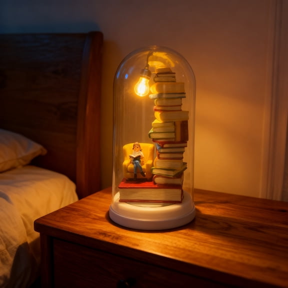Reader Night Light, LED Resin Stained Stacked Books Lamp, 3D Miniature Book Lovers Sculpture Led Light, LED Reader Night Light with Mini Book Library Reading Figurine A