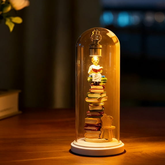 Reader Night Light, LED Resin Stained Stacked Books Lamp, 3D Miniature Book Lovers Sculpture Led Light, LED Reader Night Light with Mini Book Library Reading Figurine B