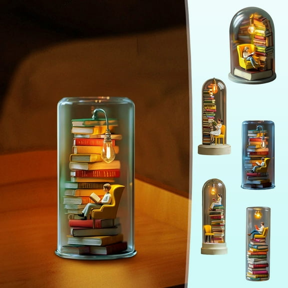 Reader Night Light, Led Resin Stained Stacked Books Lamp,3D Miniature Book Lamp With Eye-Caring Warm Light,Enthusiast Sculpture With Mini Books And Led Light Ornaments,Gift For Book Lovers