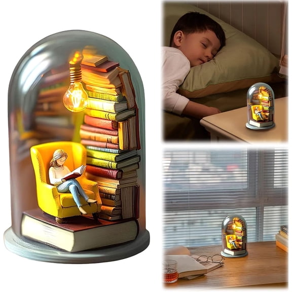 Reader Night Light, Miniature Book Lover Sculpture with LED Light & Tiny Bookshelf,Mini Reading Figurine, Tiny Bookshelf Library Statue for Book Lovers Gifts and Reading Nook Decor (A)