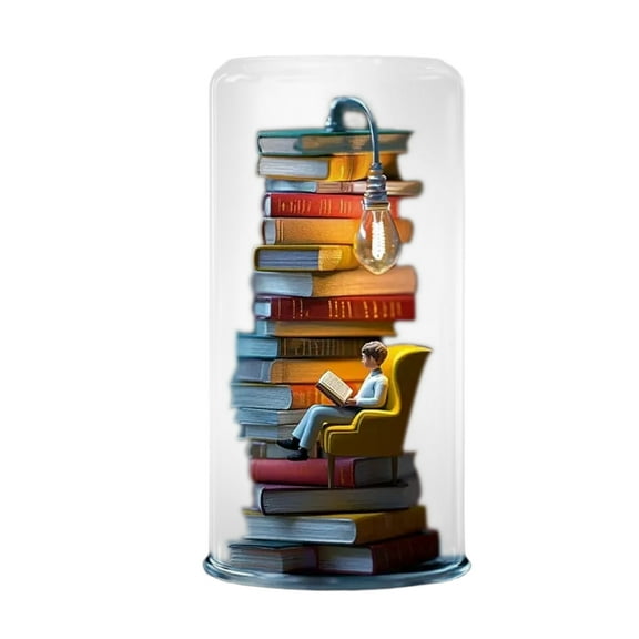 Reader Night Light Stacking Book Light With Glass Shade, Reading Corner Lighting With Exquisite Book And Figure Decoration, Artistic Home Decor For Study Living Room Bedroom