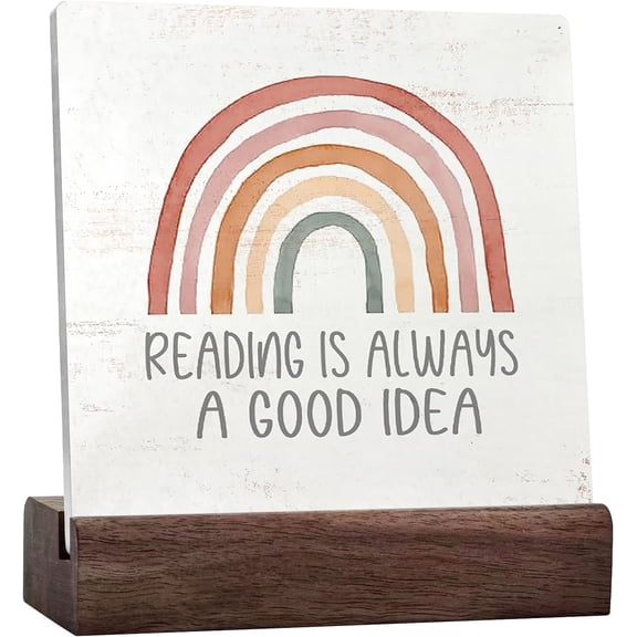Reading Is Always A Good Idea Sign Desk Decor Rustic Boho Rainbow Ceramic Table Sign Decorations For Home Kids Room Reading Room Nursery Classroom Wall Tabletop Desk Decor