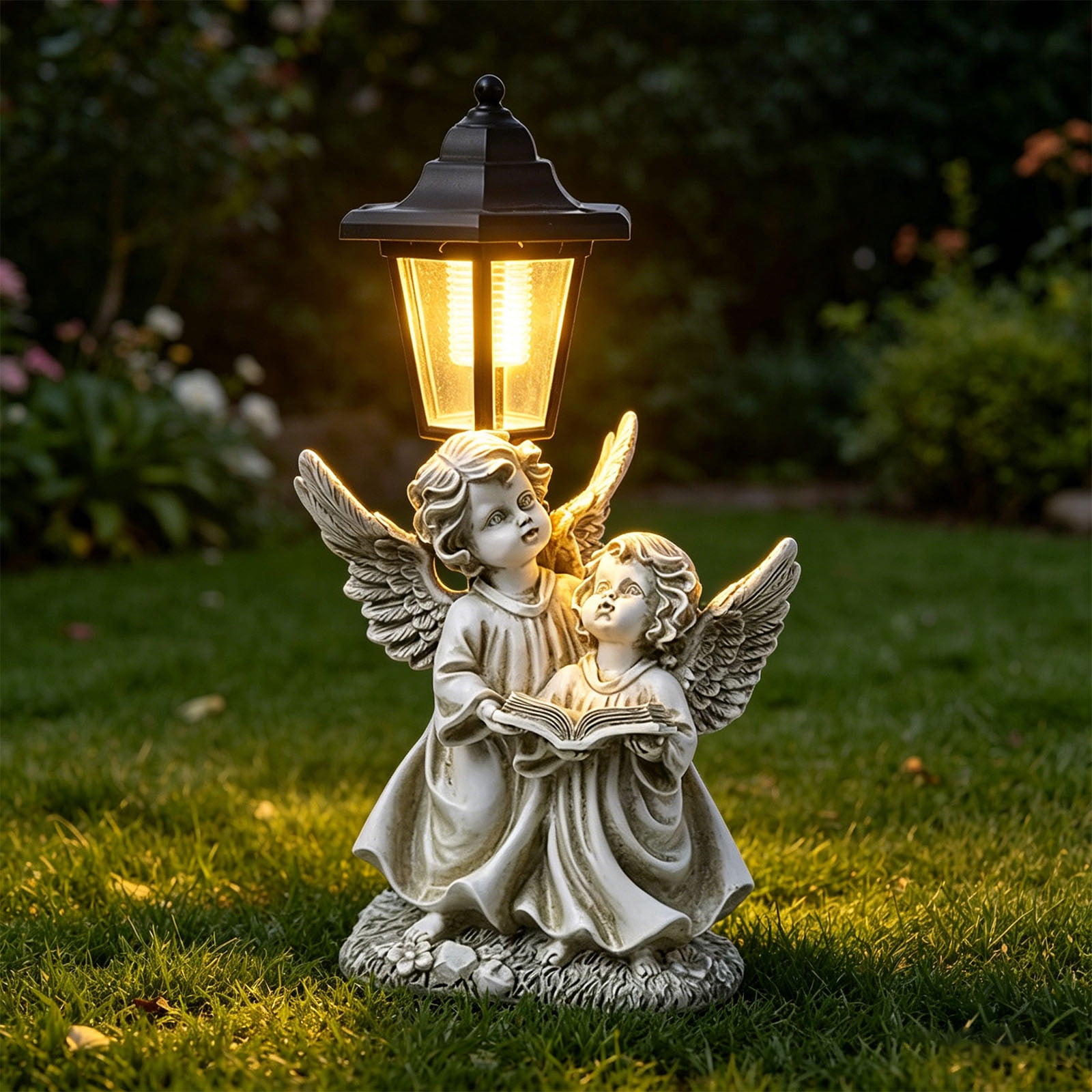 Reading Angel Resin Statue, Solar Garden Night Light, Artistic Flower Pot Decor, Waterproof Sculpture Ornament for Courtyard Patio Villa Home Garden