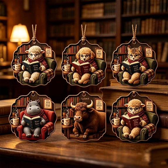 Reading Animal Christmas Hanging Ornament, Style F, Holiday Tree Decoration for Book Lovers