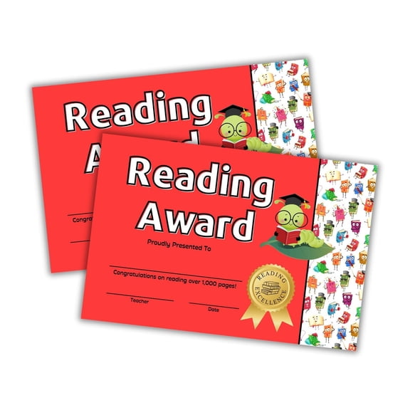 Reading Award Certificate 30pk 6x9 Cardstock Books Read Pages from Librarians Bookworm for Students End of Year Elementary Library