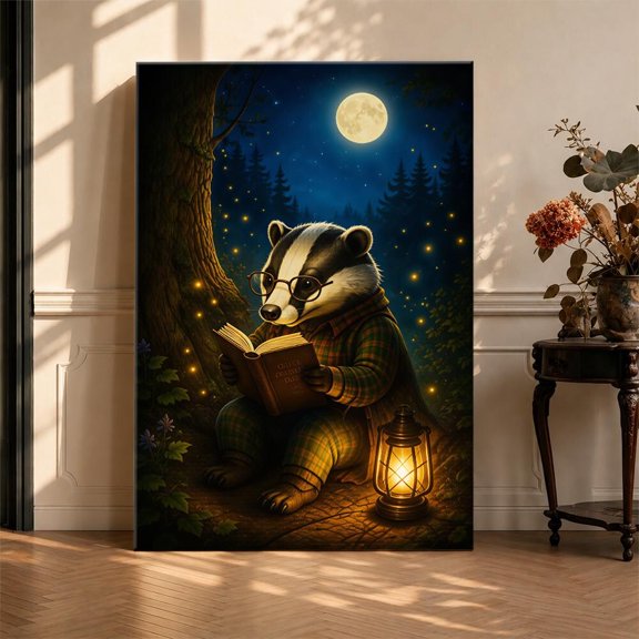 Reading Badger Woodland Night Animal Moonlit Forest Poster