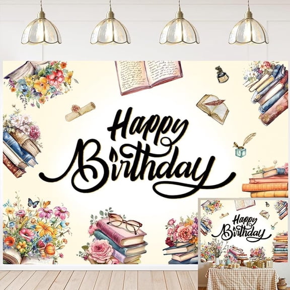 Reading Birthday Backdrop Retro Book Theme Flowers Happy Birthday Background Book Lovers Library Party Decorations Banner Supplies Photo Booth Props