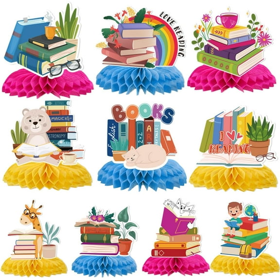 Reading Birthday Party Decorations - 10PCS Book Themed Party Decorations I Love Reading Honeycomb Centerpieces Table Decor Cute Library Book Club Decorations Supplies for Book Lovers