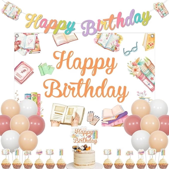 Reading Birthday Party Decorations, Book Theme Happy Birthday Banner Backdrop and Cake Toppers Balloons for Book Club Decorations Library Party Supplies