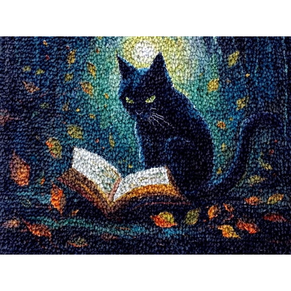 Reading Black Kitten Latch Hook Kits Rug DIY Cushion Tapestry Making Crochet Hook Mat Making Kits Color Preprinted Pattern Canvas DIY Carpet Needlework Crochet Kits 52x38cm (d99-7)