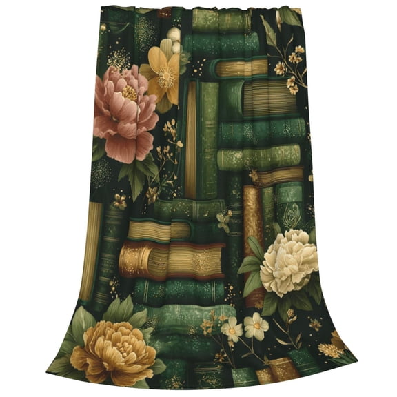 Reading Blanket Air Conditioning Blanket Lightweight Breathable, Antique Green Book Stacks And Flower Print For Napping, Soft Fuzzy Decor 60x50