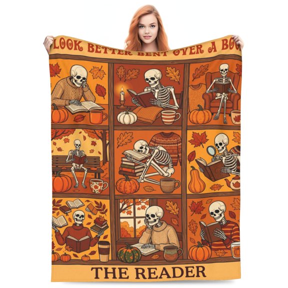 Reading Blanket | Soft Flannel Blanket with Gothic Skeleton Art – Cozy Bookish Gift for Book Nerds 50x40