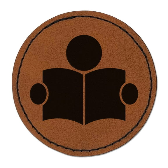 Reading Book Library Icon 2.5" Faux Leather Round Engraved Iron-On Patch - Brown