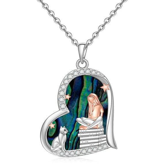 Reading Book Necklace for Women Sterling Silver Black Cat Necklace Reading Gifts Heart Pendant Readers Lovers Graduation Jewelry Bookworm C87