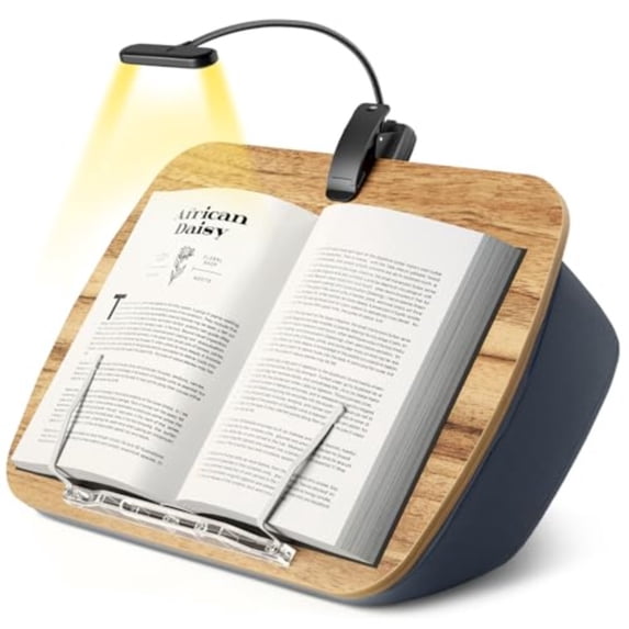 Reading Book Pillow Stand with 3-Color Adjustable Light Hands-Free Book Holder for Bed or Lap Wooden Surface AAA Batteries Required