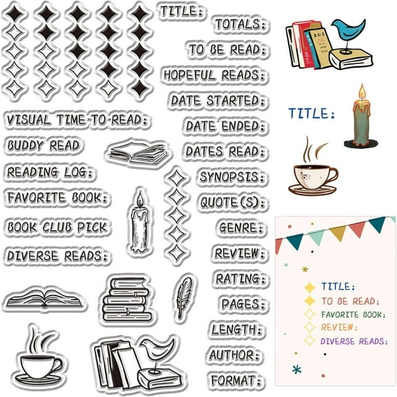 Reading Book Stamp Diary Journal Clear Stamps for Card Making Coffee Book Title Author Words Reusable Silicone Rubber for Scrapbooking Calendar Journal Photo Album Decorative Crafts