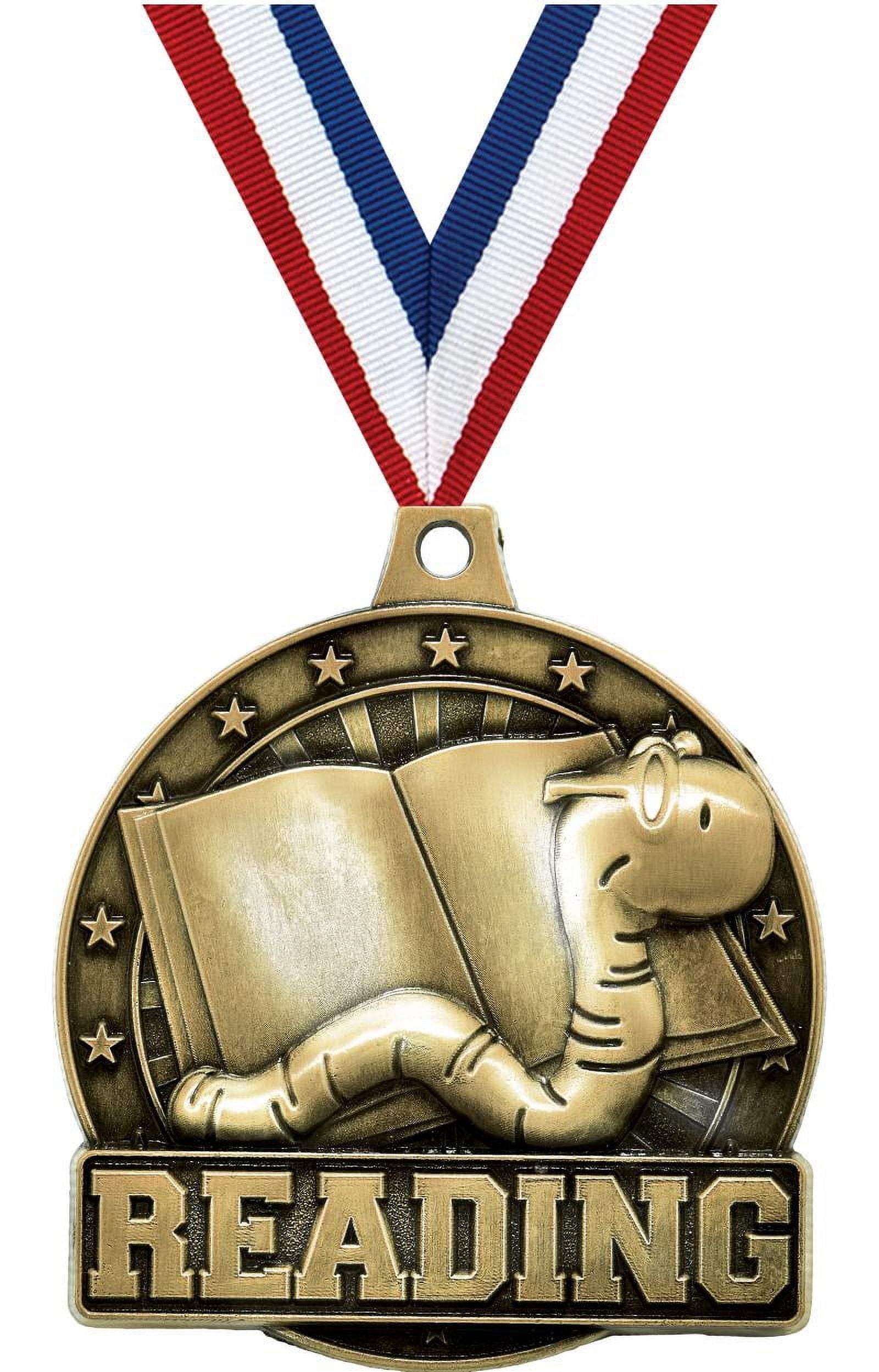 Reading Bookworm Medals, 2" Gold Diecast Reading Bookworm Medal Award 5 Pack