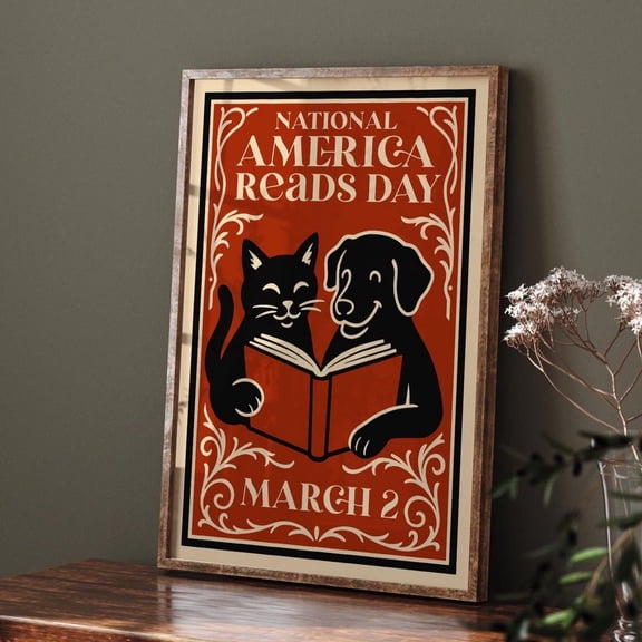 Reading Cat Dog Art America Reads Day Design 2 Unframed Paper Print