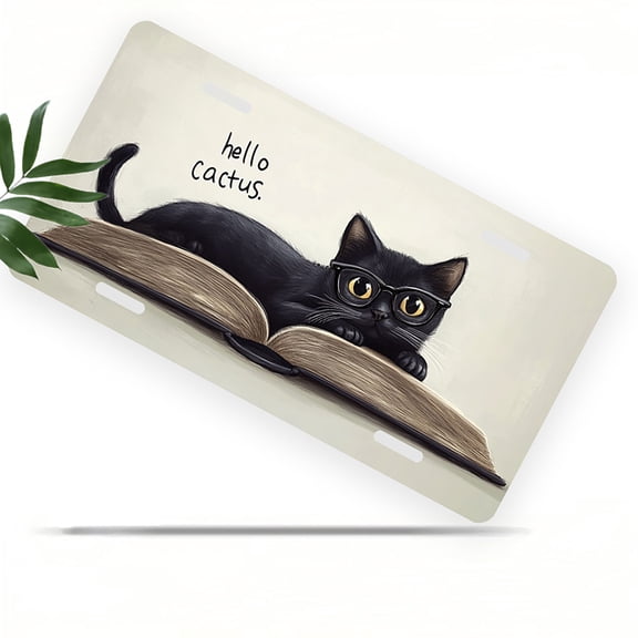 Reading Cat Front License Plate, Metal License Plate, Funny Standard Plates Personalized Novelty Decorative For Men/Women/Boys/Girls Car 6×12 Inch