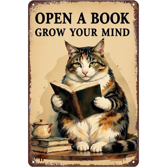 Reading Cat Tin Sign Wall Decor - 12x8 Inch Tin Metal Rustic Wall Art for Library, Study Room, Office, Book Lovers Gift for Cat Owners