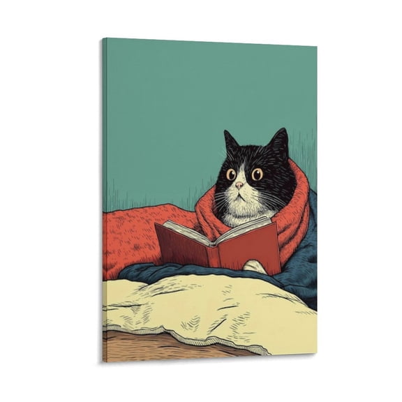 Reading Cat Wall Art Poster, Tuxedo Cat, Gift for Book Lovers, Cozy Library Decor Canvas Print Picture Gifts Canvas Painting Poster Wall Art Decorative Picture Prints Modern Decor 24x36inch(60x90cm)