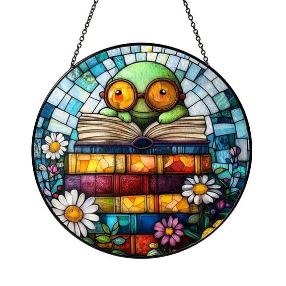 Reading Caterpillar Window Suncatcher, Faux Glass Inspired Literary Decor for Book Lovers and Home Study Spaces copy