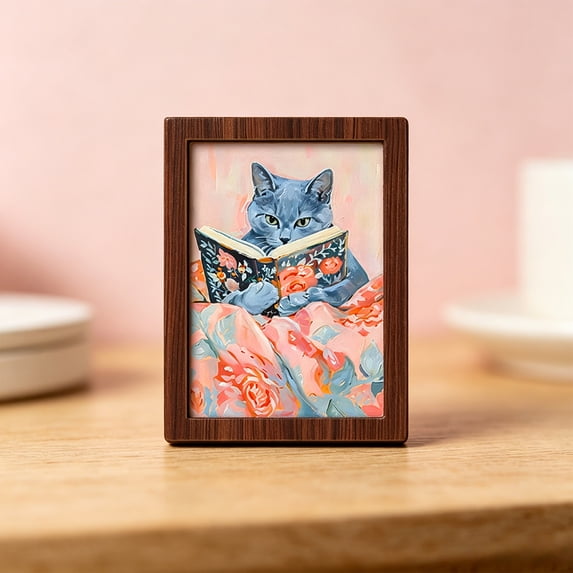 Reading Cats Mini Framed Wall Art – Floral Cat Print Wood Decor,A