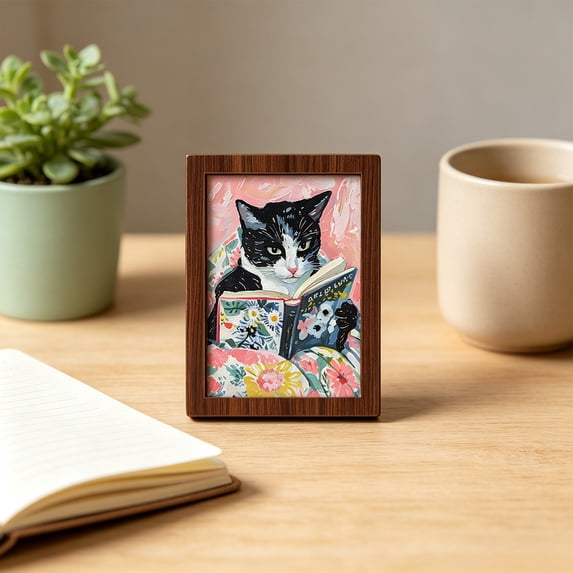 Reading Cats Mini Framed Wall Art – Floral Cat Print Wood Decor,C