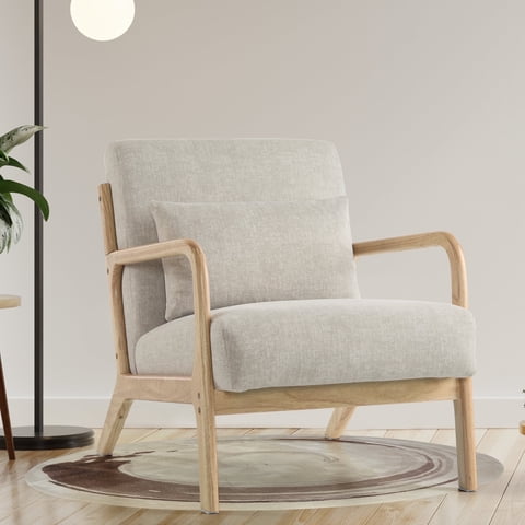 SAETSFEG Mid-Century Accent Chair with Pillow, Upholstered Armchair with Solid Wood Frame & Thick Cushion for Living Room, Bedroom, Small Space, Lightgrey