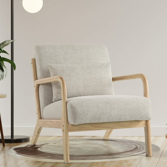 SAETSFEG Mid-Century Accent Chair with Pillow, Upholstered Armchair with Solid Wood Frame & Thick Cushion for Living Room, Bedroom, Small Space, Lightgrey