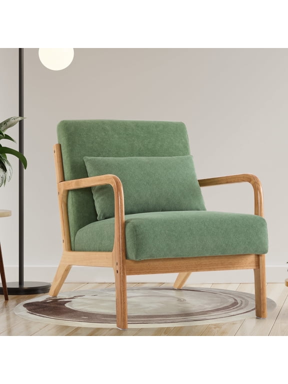 Mid-Century Accent Chair with Pillow, Upholstered Armchair with Solid Wood Frame & Thick Cushion for Living Room, Bedroom, Small Space, Green