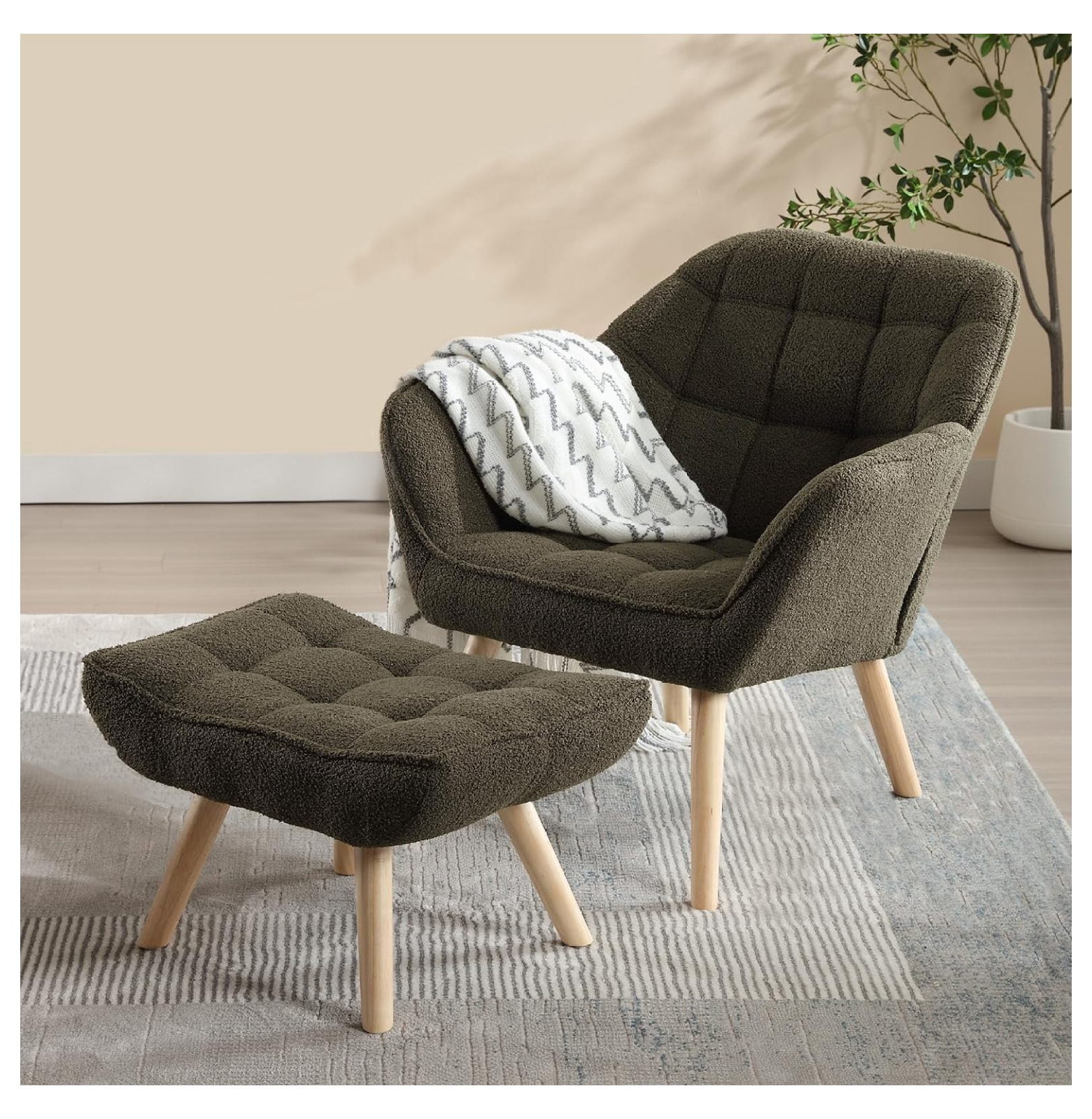 Reading Chair with Ottoman, Fuzzy Armchair with Wood Legs, Comfy Lounge ...