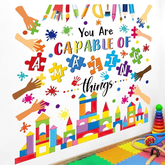 Reading Corner Builders Blocks Wall Stickers Inspirational Quotes You are Capable of Amazing Things Handprint Paint Splatter Peel and Stick Wall Art Decals for Classroom Kids Room School
