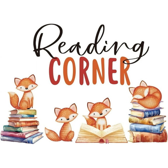 Reading Corner Wall Decal Cute Animals Reading Wall Sticker Foxes Reading Books Art Decoration Vinyl Wall Decals