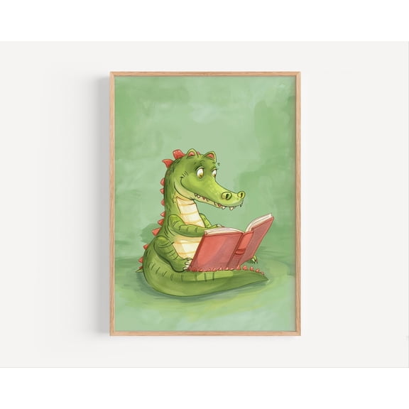 Reading Crocodile Poster: Green Nursery, Playroom Wall Art, Unframed Poster Size 12x18