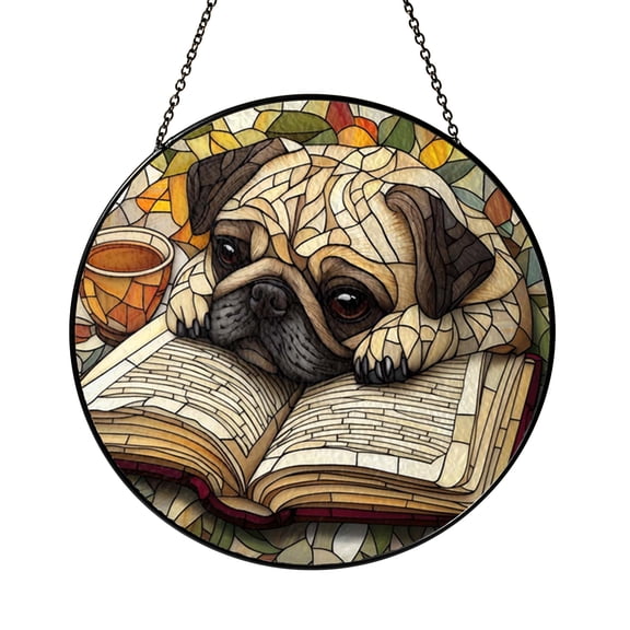 Reading Dog Window Glass Suncatcher Ornament, Pug Light Catcher Hanging for Study or Library Decor