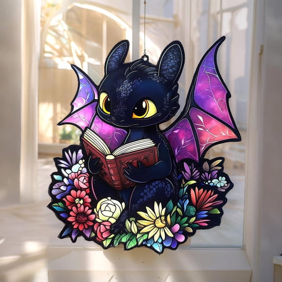 Reading Dragon Acrylic Suncatcher Colorful Window Hanging, Fantasy Home Decor, Cute Gift For Book Lovers And Kids Room