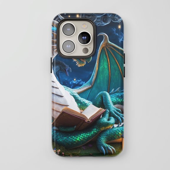Reading Dragon For All iPhone Series Protective Phone Case Fantasy Art Teal Green