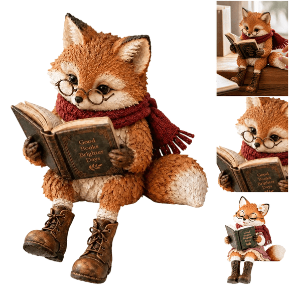 Reading Fox Figurine, Fox Statue with Glasses and Book, Reading Fox Statue