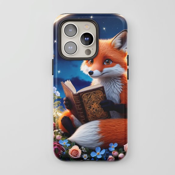 Reading Fox For All iPhone Series Protective Phone Case Whimsical Blue Night Design
